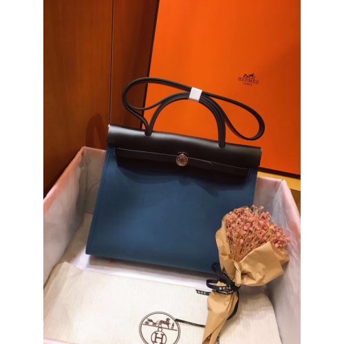 Hermes Herbag 31CM Lona original Piel de becerro 45987 Azul y negro