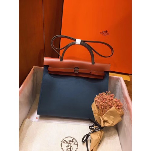 Hermes Herbag 31CM Lona original Piel de becerro 45987 Azul y marrón
