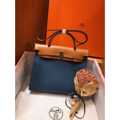 Hermes Herbag 31CM Lona original Piel de becerro 45987 Azul y albaricoque
