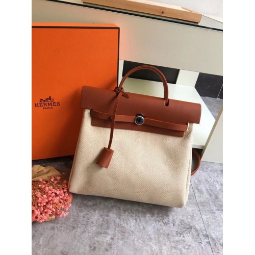 Hermes Herbag 31CM Lona original Piel de becerro 45987 marrón y blanco