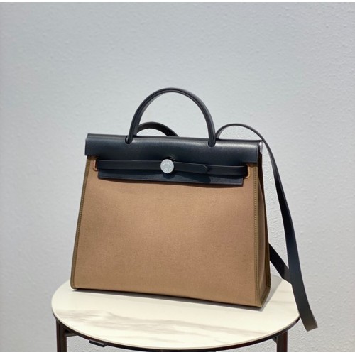 Hermes Herbag 31CM Lona original Piel de becerro 48887 Crema y negro