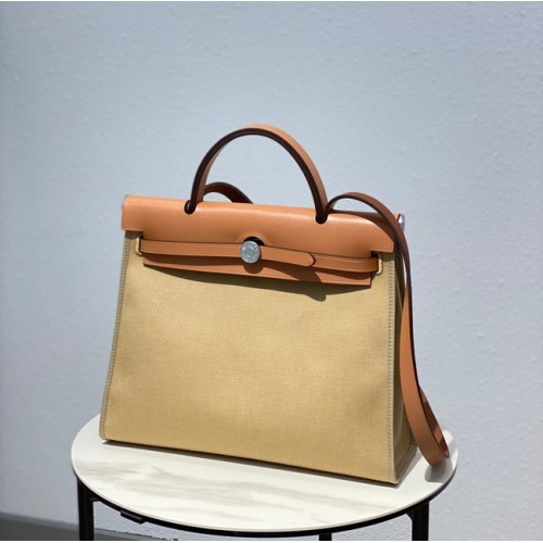Hermes Herbag 31CM Lona original Piel de becerro 48887 Crema y marrón