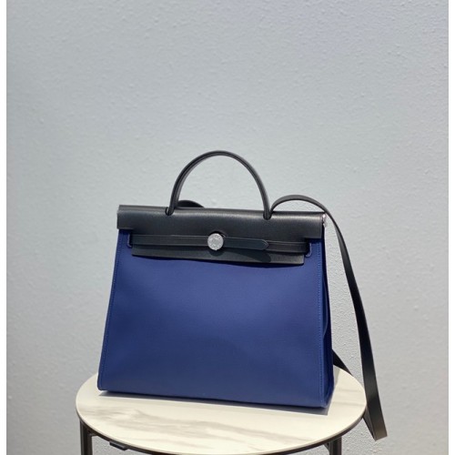 Hermes Herbag 31CM Lona original Piel de becerro 48887 azul y negro