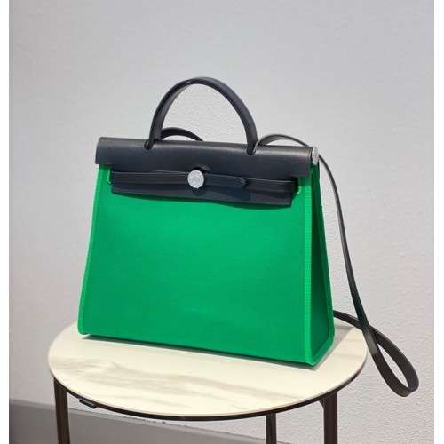 Hermes Herbag 31CM Lona original Piel de becerro 48887 verde y negro