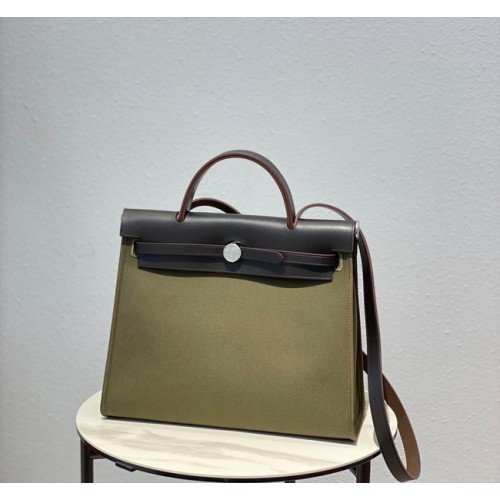 Hermes Herbag 31CM Lona original Piel de becerro 48887 verde y marrón