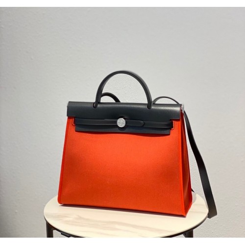 Hermes Herbag 31CM Lona original Piel de becerro 48887 naranja y negro