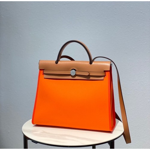 Hermes Herbag 31CM Lona original Piel de becerro 48887 naranja y marrón