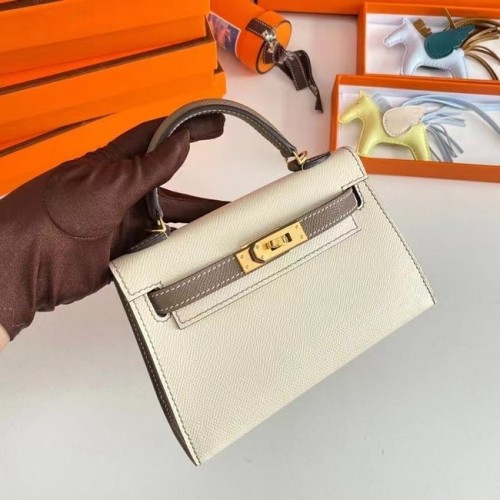 Hermes Kelly 19cm Bolsos de hombro Epsom Leather KL19 Herrajes dorados Crema y gris