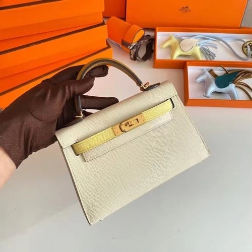 Hermes Kelly 19cm Bolsos de hombro Epsom Leather KL19 Herrajes dorados Crema y amarillo