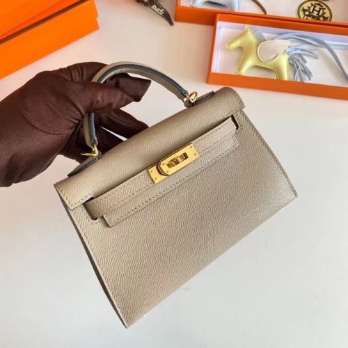 Hermes Kelly 19cm Bolsos de hombro Epsom Leather KL19 Herrajes dorados Gris perla