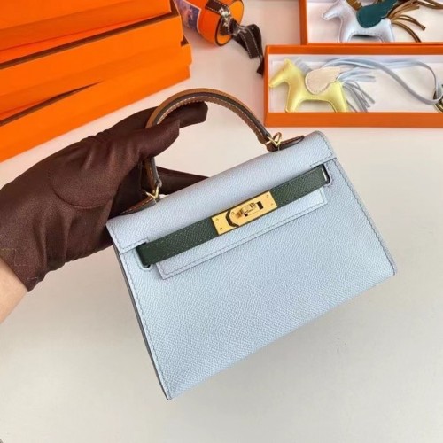 Hermes Kelly 19cm Bolsos de hombro Epsom Leather KL19 Herrajes dorados azul claro y verde