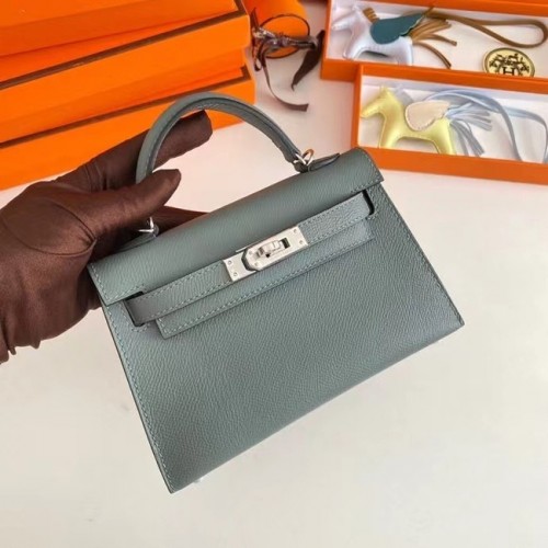 Hermes Kelly 19cm Bolsos de hombro Epsom Leather KL19 Herrajes plateados Verde almendra