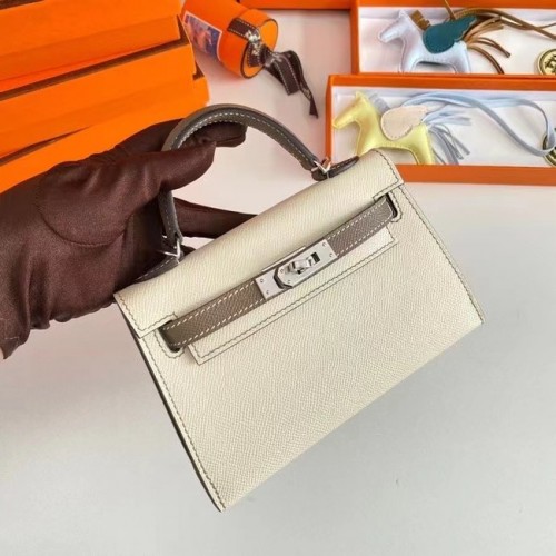 Hermes Kelly 19cm Bolsos de hombro Epsom Leather KL19 Herrajes plateados Crema y gris