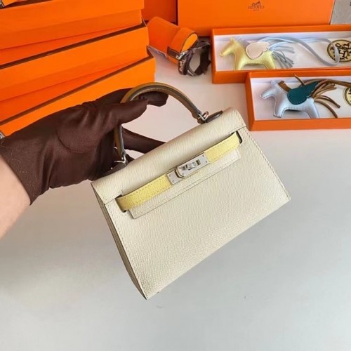 Hermes Kelly 19cm Bolsos de hombro Epsom Leather KL19 Herrajes plateados Crema y amarillo