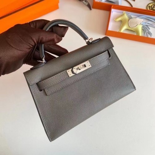 Hermes Kelly 19cm Bolsos de hombro Epsom Leather KL19 Hardware de plata gris