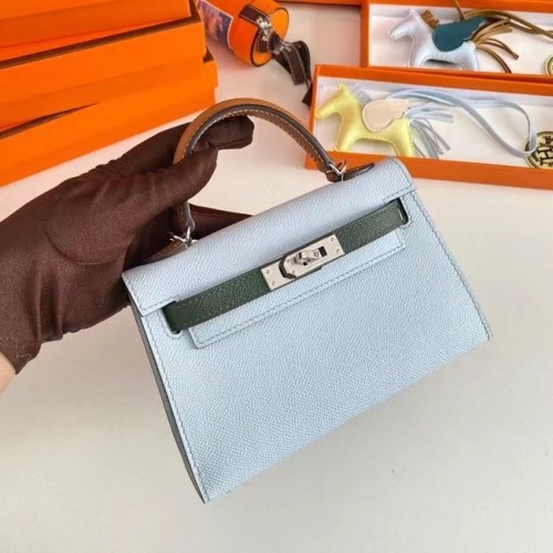 Hermes Kelly 19cm Bolsos de hombro Epsom Leather KL19 Herrajes plateados azul claro y verde
