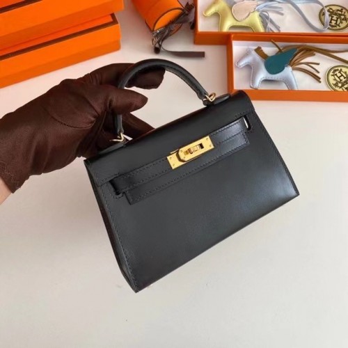 Hermes Kelly 19cm Bolsos de hombro caja Cuero KL19 Herrajes dorados negro