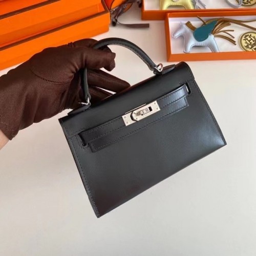 Hermes Kelly 19cm Bolsos de Hombro cuadro Cuero KL19 Plata hardware negro
