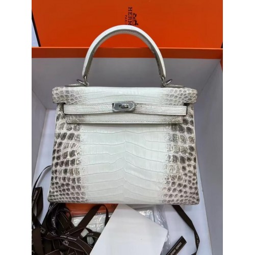 Hermes Kelly 25CM Bolso de cuero de cocodrilo del Nilo sudafricano original KL25 Blanco y gris