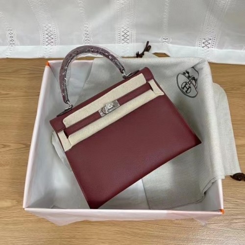 Hermes Kelly 25cm Bolsos de hombro Epsom KL2755 Borgoña y metal en tono plateado