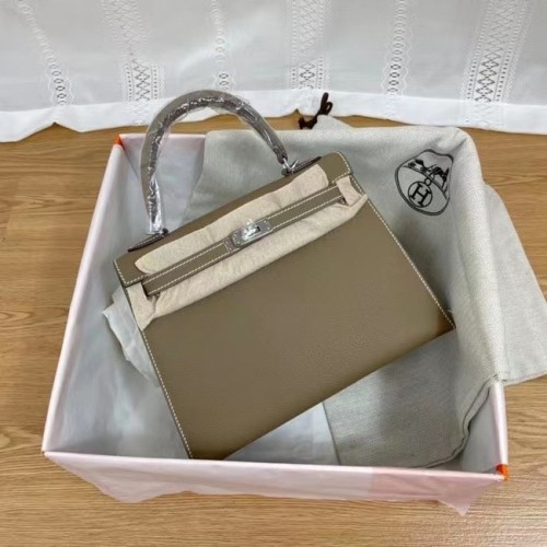 Hermes Kelly 25cm Bolsos de Hombro Epsom KL2755 Elefante Gris y Metal en Tono Plateado