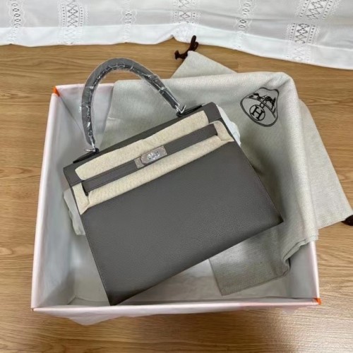 Hermes Kelly 25cm Bolsos de hombro Epsom KL2755 gris oscuro y metal plateado
