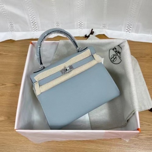 Hermes Kelly 25cm Bolsos de hombro Epsom KL2755 azul claro y metal plateado