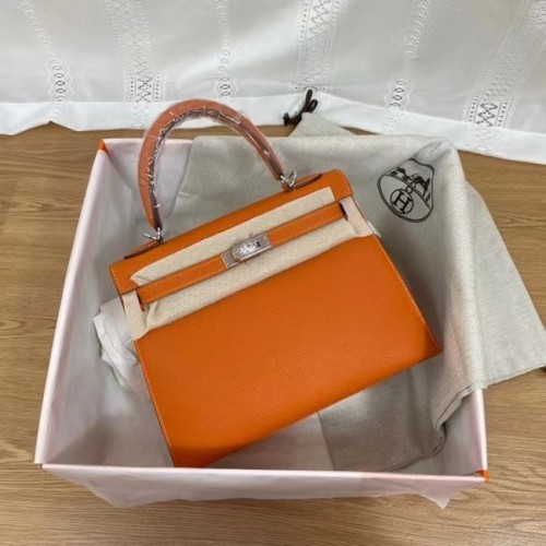 Hermes Kelly 25cm Bolsos de hombro Epsom KL2755 naranja y metal plateado