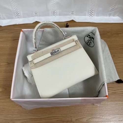 Hermes Kelly 25cm Bolsos de Hombro Epsom KL2755 metal en tono blanco y plateado