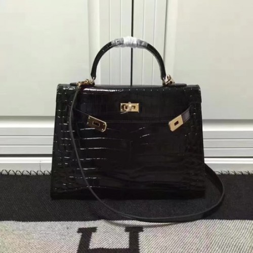Hermes Kelly 28cm Bolso de Hombro Croco Cuero K28 Negro