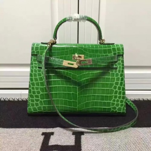 Hermes Kelly 28cm Bolso de Hombro Croco Leather K28 Verde