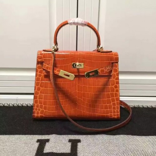 Hermes Kelly 28cm Bolso de Hombro Croco Leather K28 Naranja