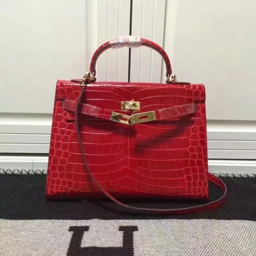 Hermes Kelly 28cm Bolso de Hombro Croco Cuero K28 Rojo
