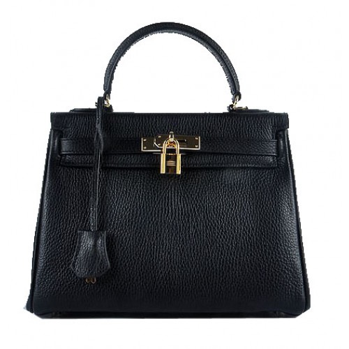 Hermes Kelly 28cm Bolsos de Hombro Negro Cuero Granulado Oro