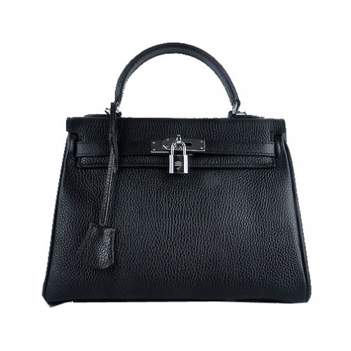 Hermes Kelly 28cm Bolsos de Hombro Negro Granulado Cuero Plata