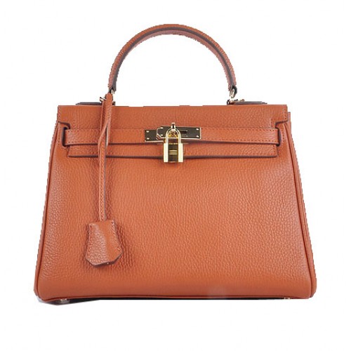 Hermes Kelly 28cm Bolsas de Hombro Naranja Cuero Granulado Oro
