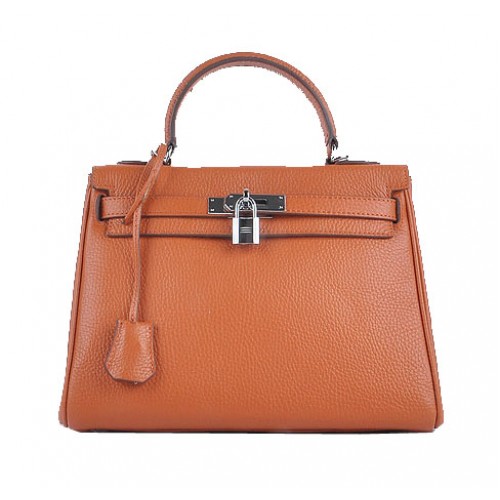 Hermes Kelly 28cm Bolsas de Hombro Naranja Cuero Granulado Plata