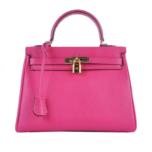Hermes Kelly 28cm Bolsos de Hombro Rose Granulado Cuero Oro