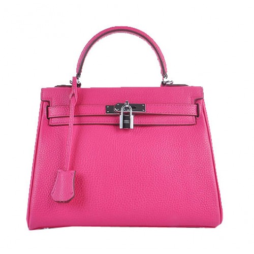Hermes Kelly 28cm Bolsos de Hombro Rosa Granulado Cuero Plata