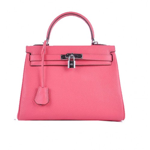 Hermes Kelly 28cm Bolsos de Hombro Rosy Granulado Cuero Plata