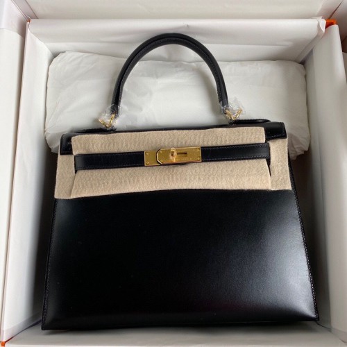 Hermes Kelly 28cm Bolsos de Hombro Cuero Liso KL28 Negro