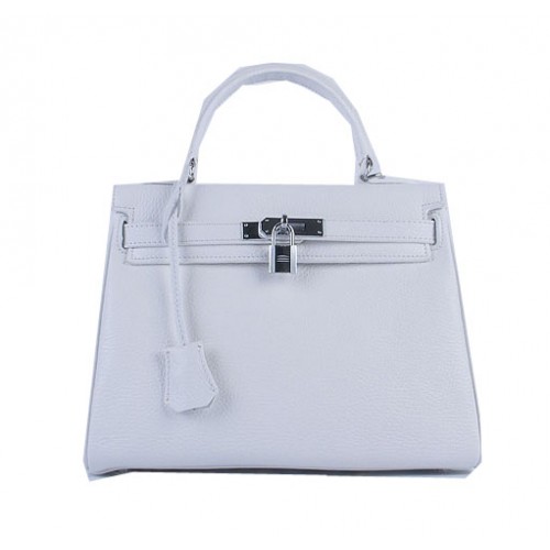 Hermes Kelly 28cm Bolsas de Hombro Blanco Cuero Granulado Plata