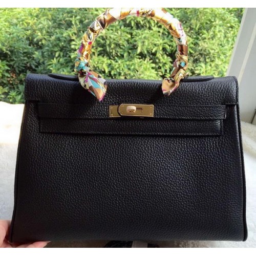 Hermes Kelly 32cm Bolso de hombro Piel de becerro negra K32CL Oro