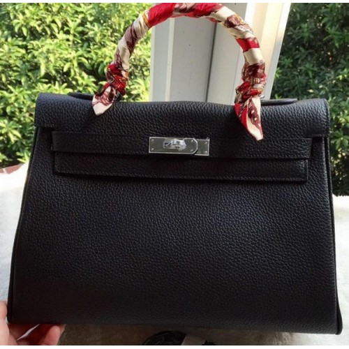 Hermes Kelly 32cm Bolso de hombro Piel de becerro negra K32CL Plata