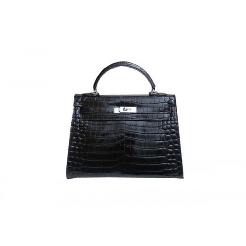 Hermes Kelly 32cm Bolso de Hombro Croco Negro Charol K32 Plata