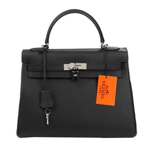 Hermes Kelly 32cm Bolso de Hombro Negro Cuero Original K32 Plata