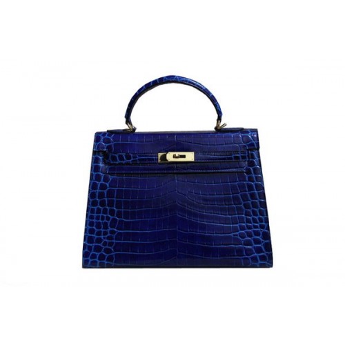 Hermes Kelly 32cm Bolso de Hombro Azul Croco Charol K32 Plata