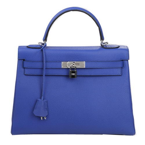 Hermes Kelly 32cm Bolso de Hombro Azul Cuero Original K32 Plata