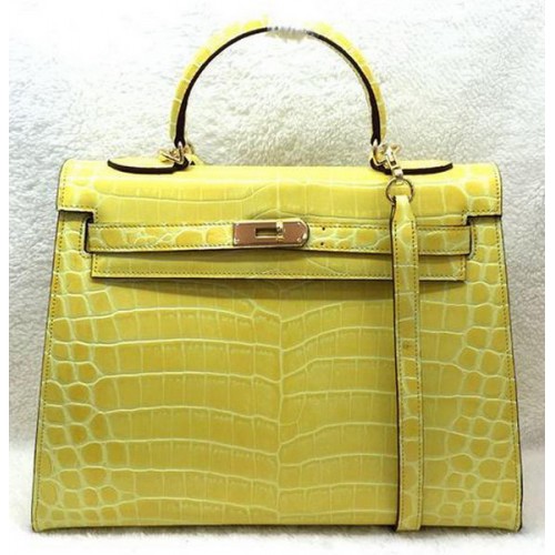 Hermes Kelly 32cm Bolso de Hombro Croco Leather K32 Amarillo
