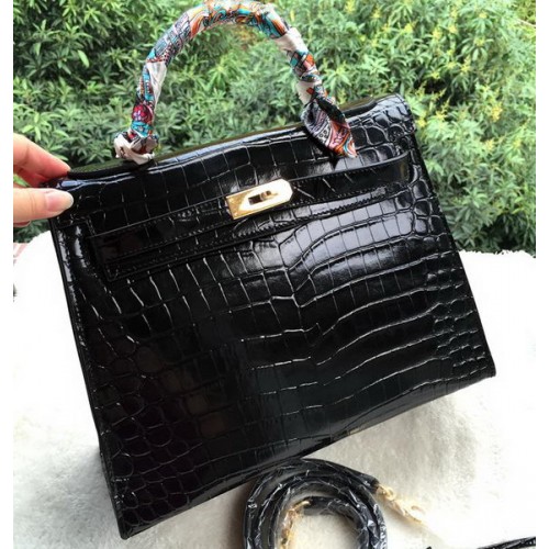 Hermes Kelly 32cm Bolso de hombro Croco Leather K32CO Negro